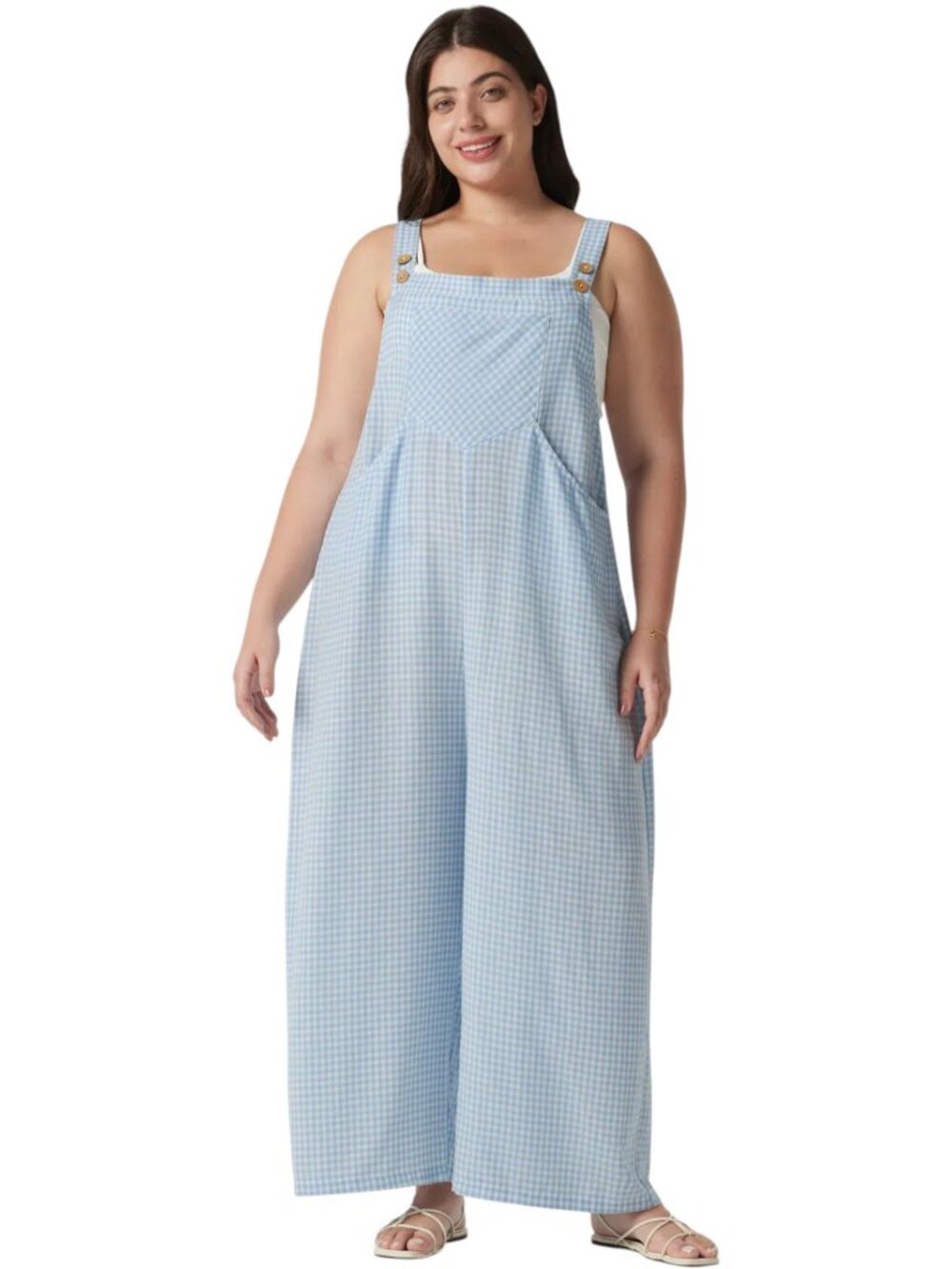 HALARA Light Blue Gingham Wide-Leg Jumpsuit XL Casual Linen-Feel